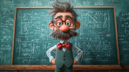 Cartoon Professor Stands Proudly Before Chalkboard Equations
