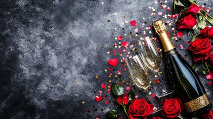 Champagne bottle with glasses, roses, and heart confetti for a romantic celebration.