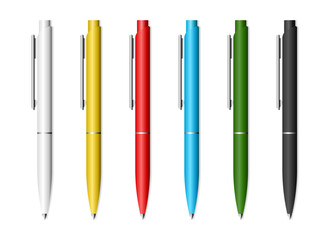Set of multicolored ballpoint pens isolated on white background, vector illustration.