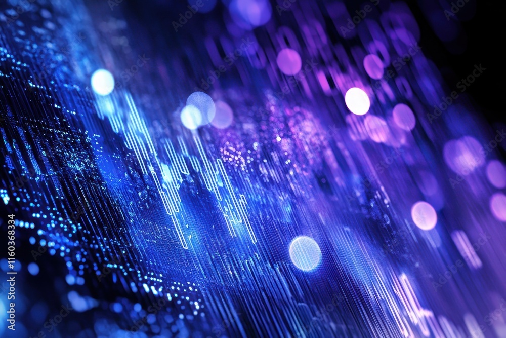 Poster abstract digital data stream with glowing bokeh.