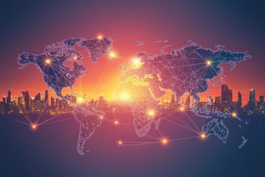 Global network connection, world map with city skyline at sunset. (1)