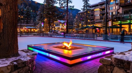 Illuminated fire pit and ice rink at twilight in a snowy mountain village.
