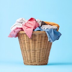 Overflowing wicker laundry basket with colorful clothes on a blue background.