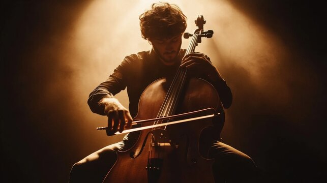 A young man sits playing a cello in a dramatic, low-lit setting.