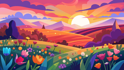 Vibrant Gradient Flower Field Background with Colorful Blooms. flower background vector illustration