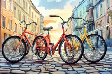Fototapeta premium Colorful Vintage Bicycles on Cobblestone Street at Sunset, Evoking Nostalgia and Charm in a Serene Urban Setting