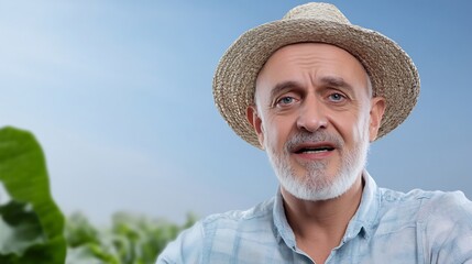 Fototapeta premium Close-up Photo: Thoughtful Farmer Confidently Gazing Outdoors in Lush Field. AI Generated