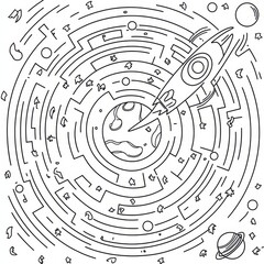 Cosmic Maze Challenge: An intricate maze with celestial bodies, planets, a rocket ship invites exploration, fostering a sense of wonder, creativity. 