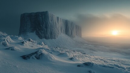 Majestic snow-covered mountain peak at sunrise. Frozen landscape.