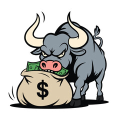 Aggressive bull with a bag of money vector illustration