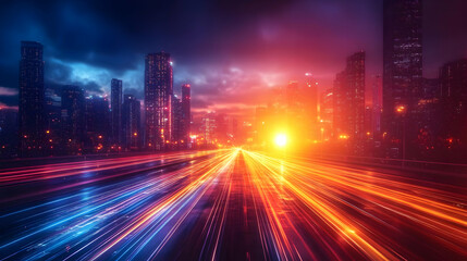 Fototapeta premium City highway at night with light trails, creating a vibrant and futuristic urban scene.