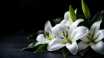 Obraz premium White Lilies Bloom Beautifully Against a Dark Background with Elegance and Grace