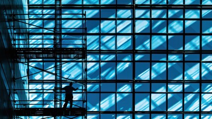 Silhouette of worker on scaffolding against a modern glass building.