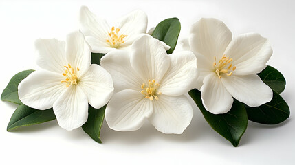 Elegant White Flowers Bloom Beautifully with Lush Green Leaves on a Clean White Background.