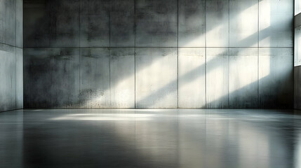 Empty Concrete Room with Sunlight Beams Reflecting on the Polished Floor Creates Modern and Minimalist Ambiance