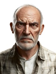 A realistic portrait of an elderly man with a serious expression and gray hair.