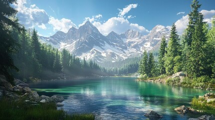 Fototapeta premium Serene Mountain Lake Surrounded by Lush Evergreen Trees