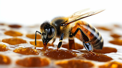 Honeybee diligently collects nectar from honeycomb, showcasing the intricate details of nature's work.