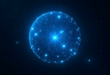 Fototapeta premium Bright blue sphere shining in the dark space with small particles forming a network