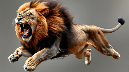 Aggressive Male Lion Runs and Roars Fiercely with Wide Open Mouth and Exposed Teeth