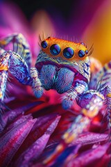 Close-up of vibrant jumping spider with kaleidoscopic eyes resting on neon-colored petals, macro photography