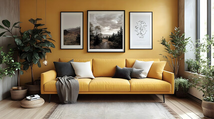 Mustard Yellow Sofa Complements Nature-Inspired Artwork in a Cozy Living Room with Indoor Plants