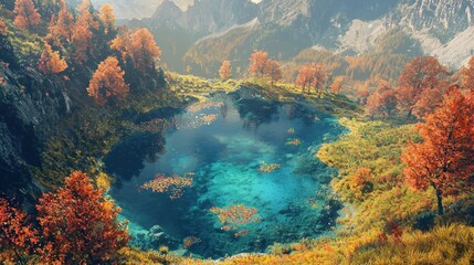 Fototapeta premium Autumnal Mountain Lake Surrounded by Colorful Trees