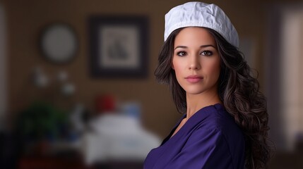 Close-up Photo: Confident Nurse Wearing Scrubs and Bouffant Cap in a Calm Medical Setting. AI Generated