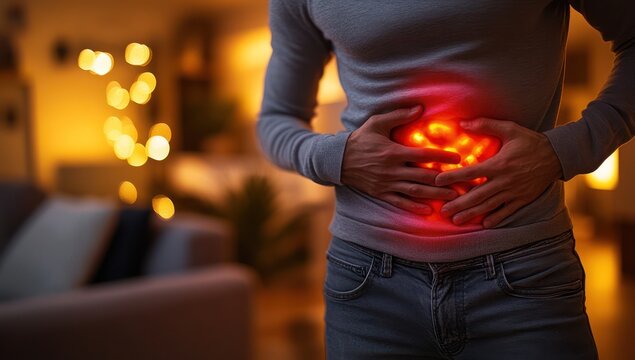 A man is holding his stomach in pain, showing signs of acute abdominal distress with a pained expression and a reddish glow from within, suggesting the need for medical attention.