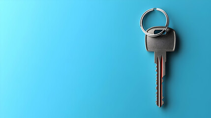 Silver Key with Key Ring Lies on a Vibrant Blue Background, Ready for Use and Secure Access