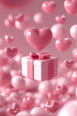 Valentine's day gift with floating hearts banner. Pink gift box and hearts 3d render love background. Engagement