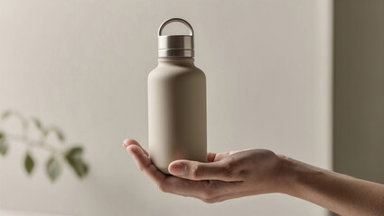 Elegant closeup of a hand holding a minimalist water bottle against a softly lit background in a serene indoor setting