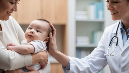 Doctor performs checkup on baby in a bright, welcoming office with a mother present during a routine health assessment