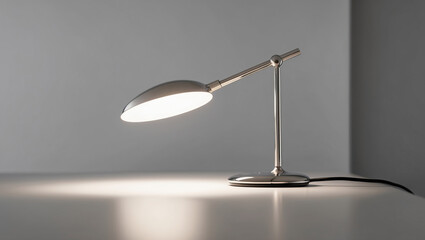 Sleek and modern workspace with a stylish desk lamp illuminating a minimalistic desk environment in a bright setting