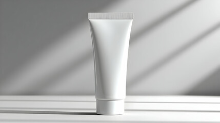 Blank White Cosmetic Tube Stands Upright on White Surface with Window Shadows