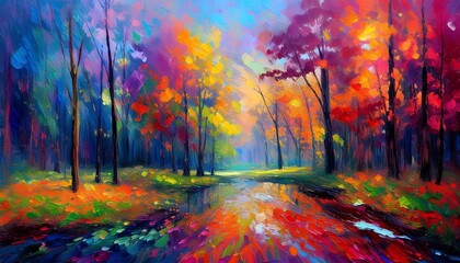 Abstract colorful painted forest in Oil painting art style