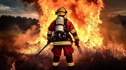 Naklejka premium Feuerwehrmann kniet vor einem Feuer