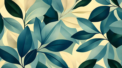 Teal and Cream Leaf Illustration Creates a Lush, Botanical Background with Subtle Elegance