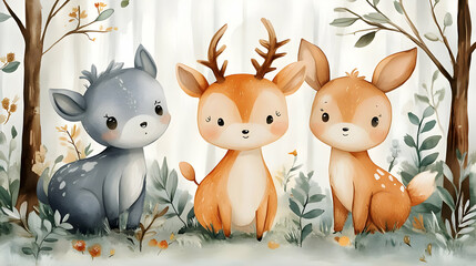Three Cute Deer Fawns Sit Peacefully in a Whimsical Forest Setting with Soft Colors
