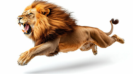 Aggressive Male Lion Leaps Forward with a Fierce Roar on White Background