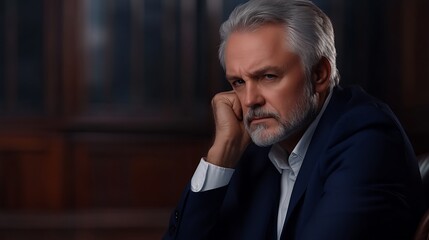 Pensively Pondering: Close-Up Photo of a Thoughtful Senior Man in a Dark Room. AI Generated