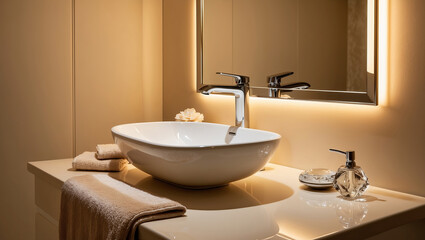 Fototapeta premium Warm and inviting bathroom with elegant fixtures and soft lighting creating a cozy atmosphere