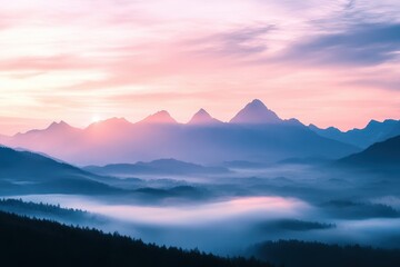 Fototapeta premium Serene sunrise over misty mountain range.