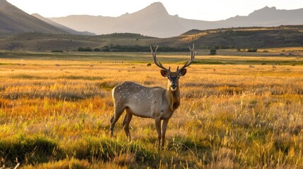 Naklejka premium Majestic deer in golden meadow at sunset.