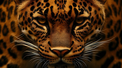 Naklejka premium Intense Leopard Portrait: A Close-Up of Wild Beauty with Piercing Gaze in a Dark Setting.