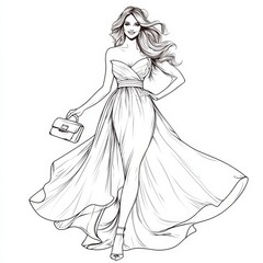 Fototapeta premium Elegant Evening Gown Sketch: A fashion illustration showcases a woman in a flowing, elegant strapless gown, carrying a chic handbag, poised for an evening event.