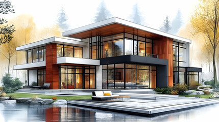 Modern house with large windows sits beautifully amidst lush green landscape and a calm pond.