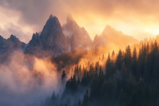 Majestic sunset illuminating misty mountain peaks and forest.