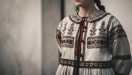 Intricate closeup of a traditional embroidered dress worn by a figure in natural light