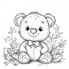 Fototapeta premium Adorable Teddy Bear Sketch: A charming sketch of a teddy bear sitting amidst lush foliage, showcasing endearing features and a playful bow tie. Perfect for children's books, greeting cards, and more.